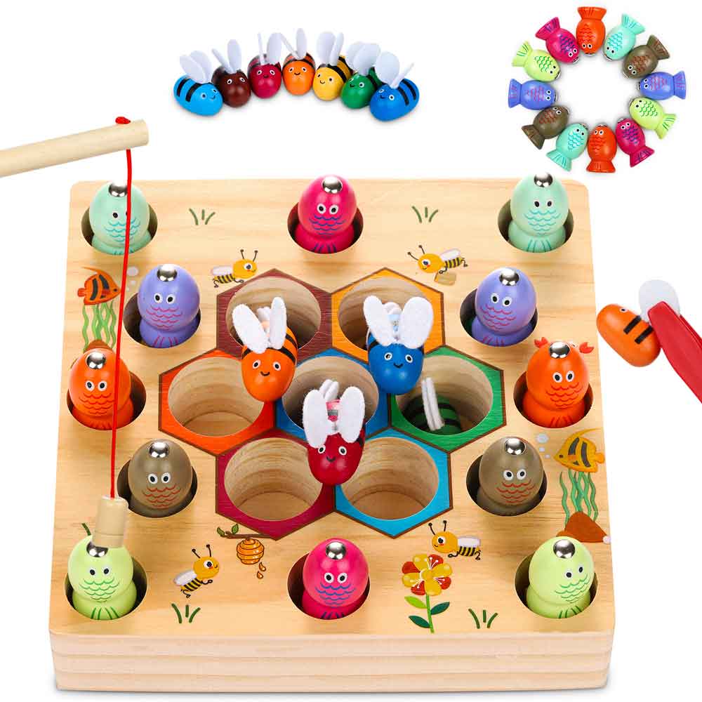 Magnetische Angelspiel Holzspielzeug 2 in 1 Montessori Lernspielzeug Magnettafel Fischspielzeug aus Holz Geschenk für Mädchen Jungen Kinder Lernen Spielzeug mit Magnetstangen, Habe EIN Patent