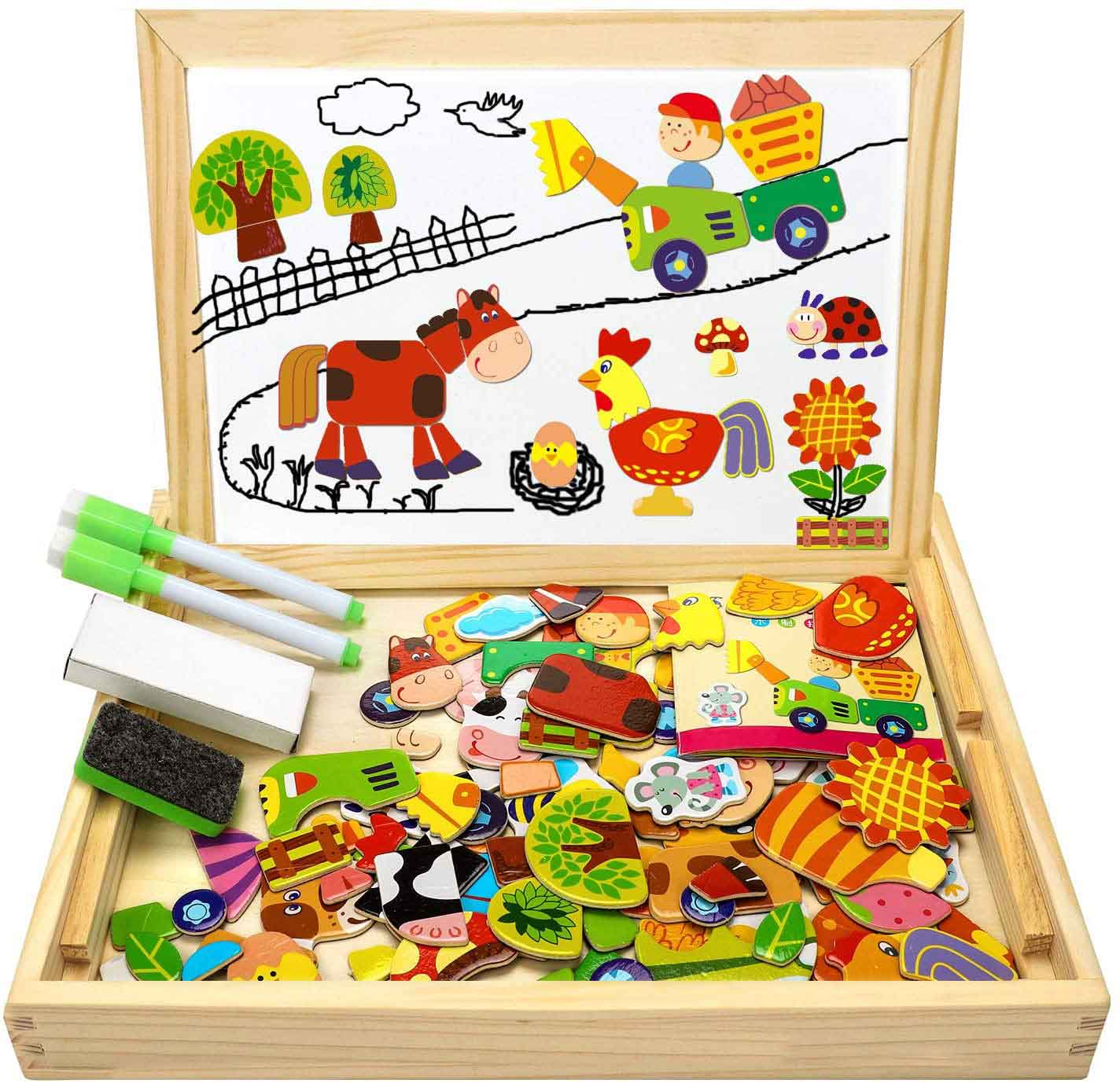 COOLJOY Wooden Magnetic Board Puzzle Games, 100+ PCS Double Sided Jigsaw Farm Pattern Drawing Easel Blackboard Educational Wood Toys for Boys Girls Kids Toddler Over 3 Year Olds
