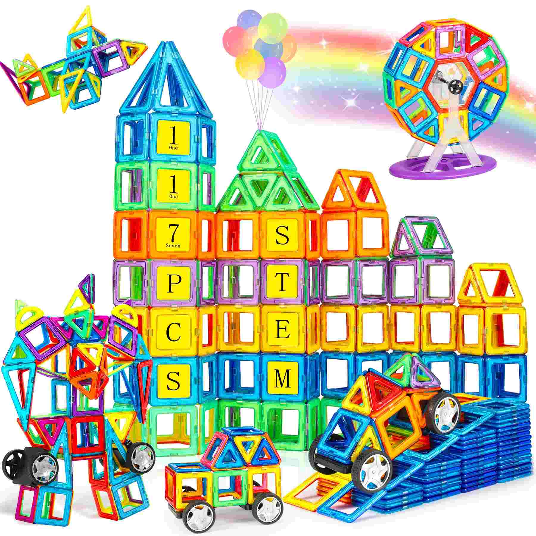 COOLJOY Magnetic Building Blocks Toys for 3 Year Old Boys, 117pcs Magnetic Tiles Toys for 3 4 5 6 7 Year Old with Ferris Wheel, Car Wheel, Construction Blocks Christmas Birthday Gifts for Boys Girls