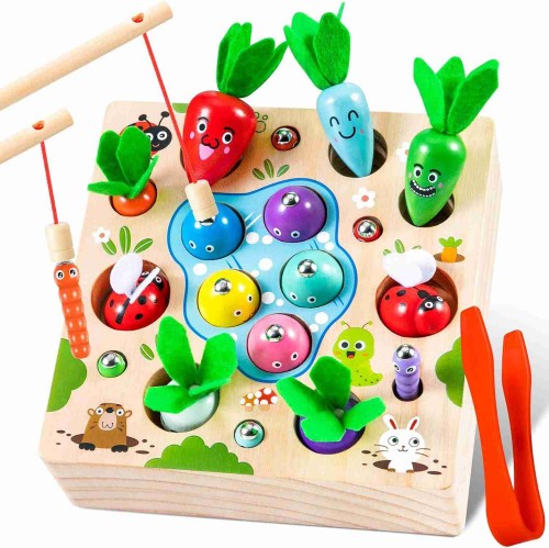 Wooden Fishing Game Toy 4 In 1 Magnetic Montessori Toys for 2 Year Olds Carrots Harvest Toy
